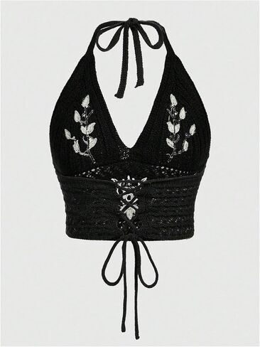 Milumia Women's Y2k Plant Print Crochet Halter Top Tie Back Knitted Crop Tops in Saudi Arabia