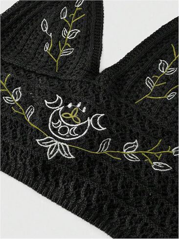 Milumia Women's Y2k Plant Print Crochet Halter Top Tie Back Knitted Crop Tops in Saudi Arabia