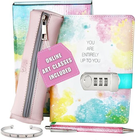 Life is a Doodle Journal for Teen Girls - Girls Diary Gift Set Includes a Leather Diary with Lock, Traveling Pencil Pouch, Love Bracelet, & Pink Pen - Super Cute Diary For Girls Ages 8-12 and Up in Saudi Arabia