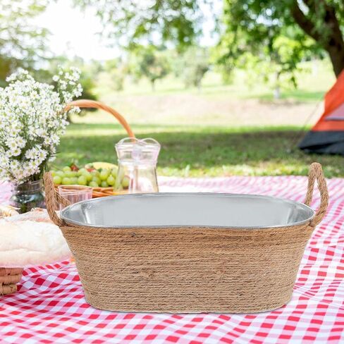 stobaza البيضاوي دلو الجليد حوض الجليد المجلفن حوض معدني شرب دلو برودة مع مقابض حبل المشروبات حوض دلاء الشراب للحفلات لوازم شريط الميموزا - 11.00x5.31x4.13in in Kuwait