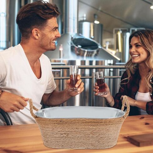 stobaza البيضاوي دلو الجليد حوض الجليد المجلفن حوض معدني شرب دلو برودة مع مقابض حبل المشروبات حوض دلاء الشراب للحفلات لوازم شريط الميموزا - 11.00x5.31x4.13in in Kuwait