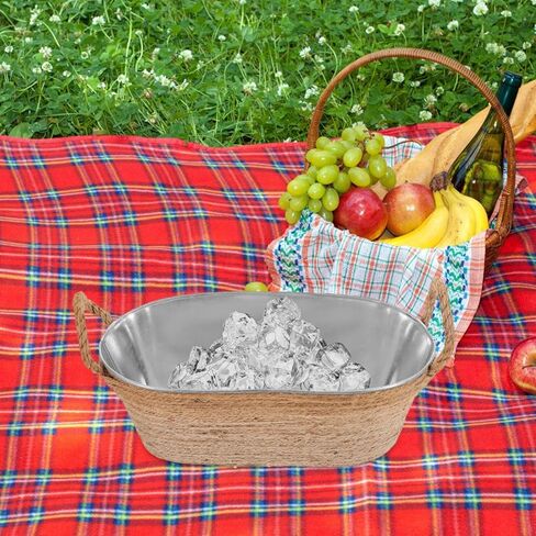 stobaza البيضاوي دلو الجليد حوض الجليد المجلفن حوض معدني شرب دلو برودة مع مقابض حبل المشروبات حوض دلاء الشراب للحفلات لوازم شريط الميموزا - 11.00x5.31x4.13in in Kuwait