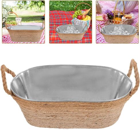 stobaza البيضاوي دلو الجليد حوض الجليد المجلفن حوض معدني شرب دلو برودة مع مقابض حبل المشروبات حوض دلاء الشراب للحفلات لوازم شريط الميموزا - 11.00x5.31x4.13in in Kuwait