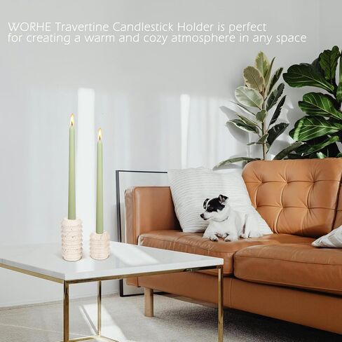 WORHE Candle Holders Italy True Natural Travertine Stone 0.4" Thick, Set of 2 Premium Marble Candlestick Holder for Wedding Dinning Party, Candle Stand for 3/4 inch Thick Candles Color Red (WH025) in Saudi Arabia