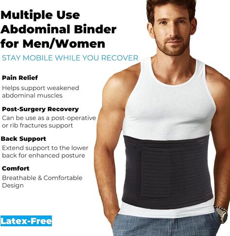 Reian Men's Abdominal Binder for Post Surgery,Compression Wrap Abdomen Waist Support Belt for Hernia Surgery, Abdominal Injuries (Black, Large) in Saudi Arabia