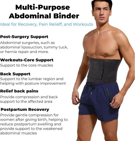 Reian Men's Abdominal Binder for Post Surgery,Compression Wrap Abdomen Waist Support Belt for Hernia Surgery, Abdominal Injuries (Black, Large) in Saudi Arabia