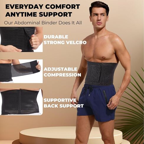 Reian Men's Abdominal Binder for Post Surgery,Compression Wrap Abdomen Waist Support Belt for Hernia Surgery, Abdominal Injuries (Black, Large) in Saudi Arabia