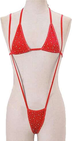 SIQITECHNO Rhinestone Extreme Sexy Micro Bikini Set Sparkle Lingerie Set for Women Two Piece Bra Top with Thong Swimwear in Kuwait