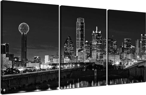 NAN Wind 3 Pcs Wall Art Dallas Skyline Black & White Canvas Art Paintings For Room Decor Dallas Cityscape Skyscrapers Night Scene Picture Prints On Canvas For Home Decor Modern Giclee Framed in Saudi Arabia