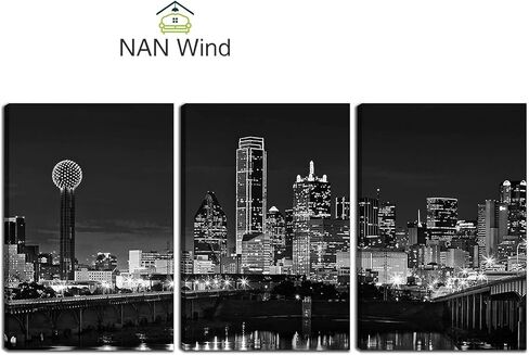 NAN Wind 3 Pcs Wall Art Dallas Skyline Black & White Canvas Art Paintings For Room Decor Dallas Cityscape Skyscrapers Night Scene Picture Prints On Canvas For Home Decor Modern Giclee Framed in Saudi Arabia