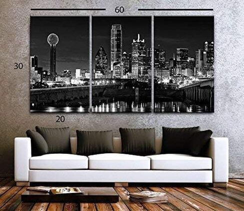 NAN Wind 3 Pcs Wall Art Dallas Skyline Black & White Canvas Art Paintings For Room Decor Dallas Cityscape Skyscrapers Night Scene Picture Prints On Canvas For Home Decor Modern Giclee Framed in Saudi Arabia