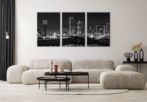 NAN Wind 3 Pcs Wall Art Dallas Skyline Black & White Canvas Art Paintings For Room Decor Dallas Cityscape Skyscrapers Night Scene Picture Prints On Canvas For Home Decor Modern Giclee Framed in Saudi Arabia