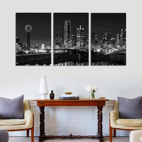NAN Wind 3 Pcs Wall Art Dallas Skyline Black & White Canvas Art Paintings For Room Decor Dallas Cityscape Skyscrapers Night Scene Picture Prints On Canvas For Home Decor Modern Giclee Framed in Saudi Arabia