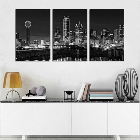 NAN Wind 3 Pcs Wall Art Dallas Skyline Black & White Canvas Art Paintings For Room Decor Dallas Cityscape Skyscrapers Night Scene Picture Prints On Canvas For Home Decor Modern Giclee Framed in Saudi Arabia