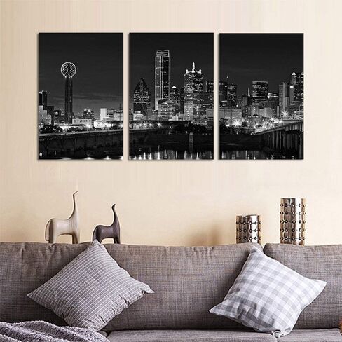 NAN Wind 3 Pcs Wall Art Dallas Skyline Black & White Canvas Art Paintings For Room Decor Dallas Cityscape Skyscrapers Night Scene Picture Prints On Canvas For Home Decor Modern Giclee Framed in Saudi Arabia
