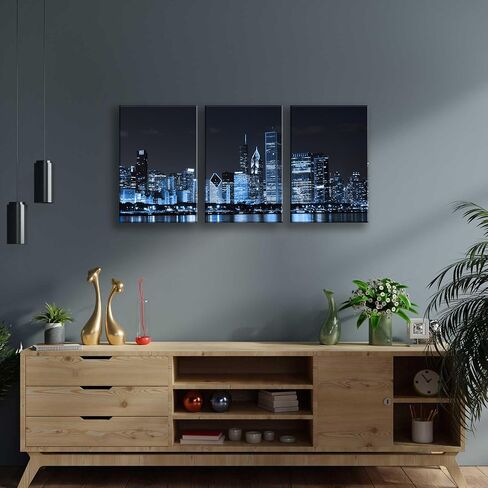 NAN Wind 3 Pcs Wall Art Dallas Skyline Black & White Canvas Art Paintings For Room Decor Dallas Cityscape Skyscrapers Night Scene Picture Prints On Canvas For Home Decor Modern Giclee Framed in Saudi Arabia