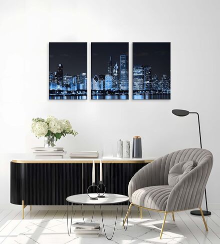 NAN Wind 3 Pcs Wall Art Dallas Skyline Black & White Canvas Art Paintings For Room Decor Dallas Cityscape Skyscrapers Night Scene Picture Prints On Canvas For Home Decor Modern Giclee Framed in Saudi Arabia