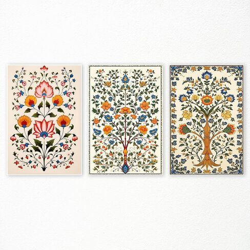 foefvpeft Flower Canvas Wall Art, 3 Piece 12x16in Indian Folk Art Prints, Indian Floral Painting Poster, Colorful Vintage Botanical Plant Pictures for Gallery Wall Artwork Living Room Unframed in Saudi Arabia