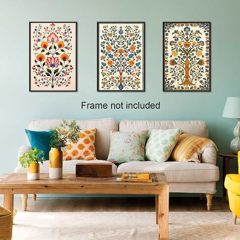 foefvpeft Flower Canvas Wall Art, 3 Piece 12x16in Indian Folk Art Prints, Indian Floral Painting Poster, Colorful Vintage Botanical Plant Pictures for Gallery Wall Artwork Living Room Unframed in Saudi Arabia