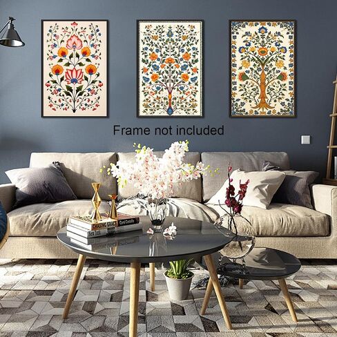 foefvpeft Flower Canvas Wall Art, 3 Piece 12x16in Indian Folk Art Prints, Indian Floral Painting Poster, Colorful Vintage Botanical Plant Pictures for Gallery Wall Artwork Living Room Unframed in Saudi Arabia