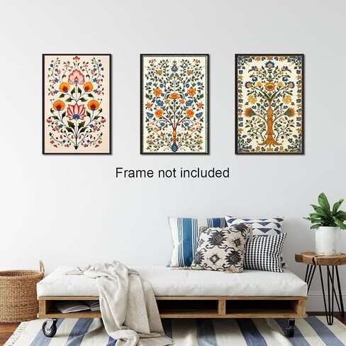 foefvpeft Flower Canvas Wall Art, 3 Piece 12x16in Indian Folk Art Prints, Indian Floral Painting Poster, Colorful Vintage Botanical Plant Pictures for Gallery Wall Artwork Living Room Unframed in Saudi Arabia