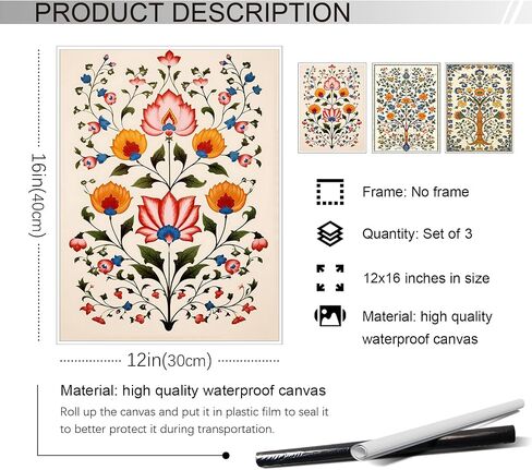 foefvpeft Flower Canvas Wall Art, 3 Piece 12x16in Indian Folk Art Prints, Indian Floral Painting Poster, Colorful Vintage Botanical Plant Pictures for Gallery Wall Artwork Living Room Unframed in Saudi Arabia