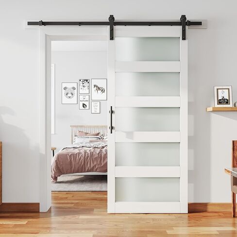 40'' x 84'' Glass Barn Door and 7 Ft Brushed Nickel Hardware Kit Included, MDF White Barn Door Slab with Frosted Glass, PVC Surface, Combined with Handle and Floor Guide-Assembly Required in Kuwait