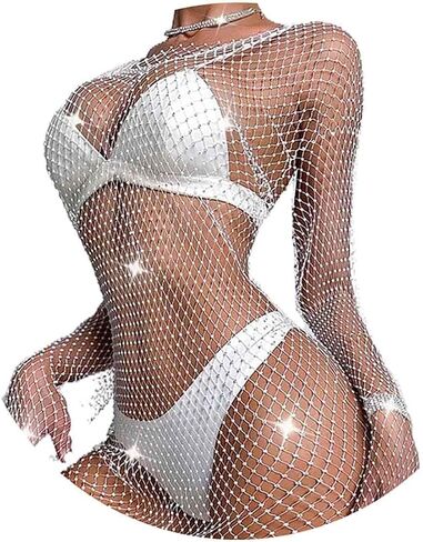 Fstrend Rhinestone Mesh Dress Sparkly Crystal Fishnet Skirt l Summer Beach Rave Festival Outfit for Women in Saudi Arabia
