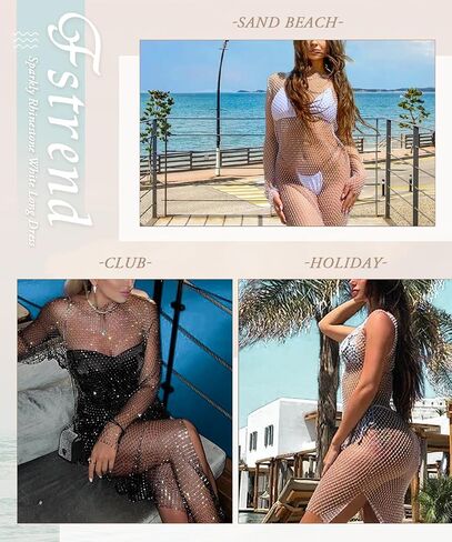 Fstrend Rhinestone Mesh Dress Sparkly Crystal Fishnet Skirt l Summer Beach Rave Festival Outfit for Women in Saudi Arabia