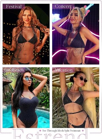 Fstrend Rhinestone Mesh Dress Sparkly Crystal Fishnet Skirt l Summer Beach Rave Festival Outfit for Women in Saudi Arabia