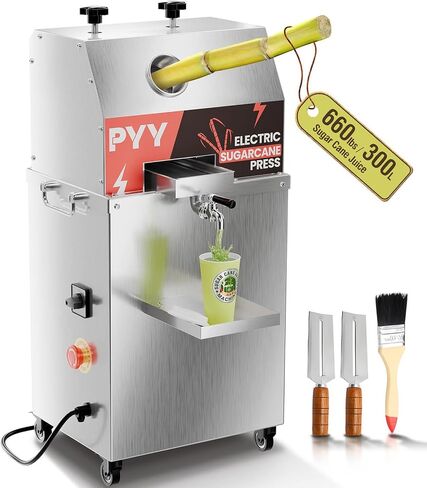 PYY Electric Sugar Cane Juicer - 800W Sugar cane Juicer Machine with 660lbs/hr 28 RPM High Output, 3-Rollers Stainless Steel Sugarcane Juice Extractor Squeezer on Wheels for Home/Commercial, 110V in Saudi Arabia
