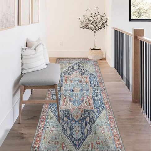 YRXRUS Hallway Runner Rug, 2x6 Ft Boho Runner Rug, Bohemian Area Rugs, Vintage Rug for Bedside, Kitchen Mat, Blue-Green Boho Decoration, Non-Slip & Machine Washable Carpet in Saudi Arabia