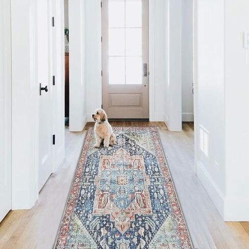 YRXRUS Hallway Runner Rug, 2x6 Ft Boho Runner Rug, Bohemian Area Rugs, Vintage Rug for Bedside, Kitchen Mat, Blue-Green Boho Decoration, Non-Slip & Machine Washable Carpet in Saudi Arabia
