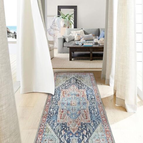 YRXRUS Hallway Runner Rug, 2x6 Ft Boho Runner Rug, Bohemian Area Rugs, Vintage Rug for Bedside, Kitchen Mat, Blue-Green Boho Decoration, Non-Slip & Machine Washable Carpet in Saudi Arabia