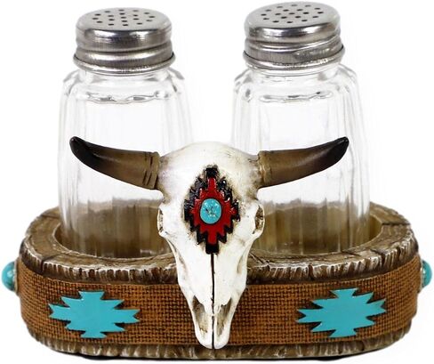 Western Cow Steer Skull Salt and Pepper Shaker Set with Holder in Saudi Arabia