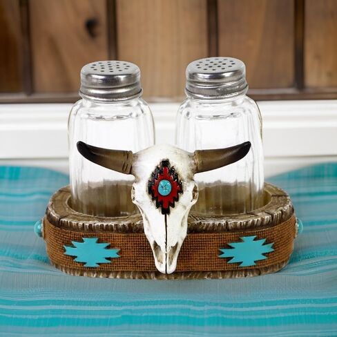 Western Cow Steer Skull Salt and Pepper Shaker Set with Holder in Saudi Arabia