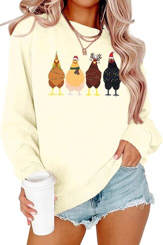 LOTUCY Christmas Sweatshirt Women: Cute Chicken Xmas Shirt Funny Chicks Christmas Sweatshirts Hen Farm Animal Pullover Tops in Saudi Arabia