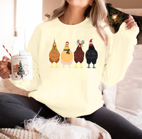 LOTUCY Christmas Sweatshirt Women: Cute Chicken Xmas Shirt Funny Chicks Christmas Sweatshirts Hen Farm Animal Pullover Tops in Saudi Arabia