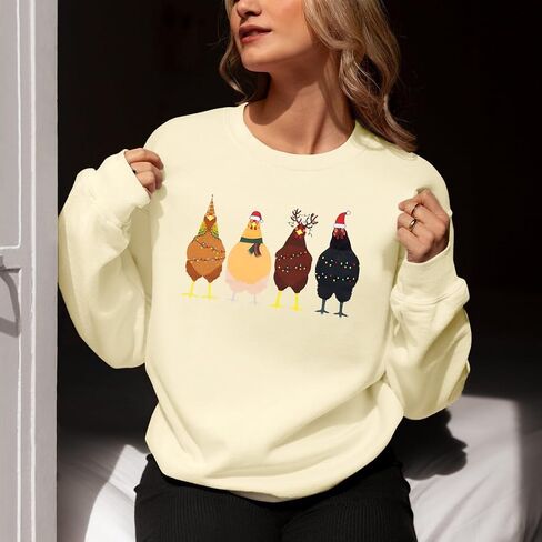LOTUCY Christmas Sweatshirt Women: Cute Chicken Xmas Shirt Funny Chicks Christmas Sweatshirts Hen Farm Animal Pullover Tops in Saudi Arabia