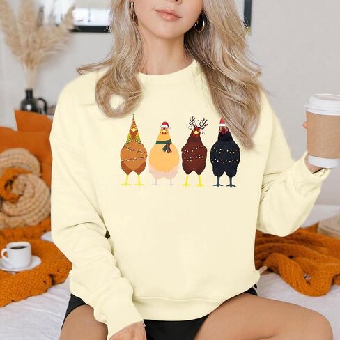LOTUCY Christmas Sweatshirt Women: Cute Chicken Xmas Shirt Funny Chicks Christmas Sweatshirts Hen Farm Animal Pullover Tops in Saudi Arabia