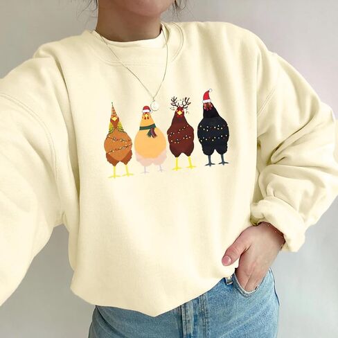LOTUCY Christmas Sweatshirt Women: Cute Chicken Xmas Shirt Funny Chicks Christmas Sweatshirts Hen Farm Animal Pullover Tops in Saudi Arabia