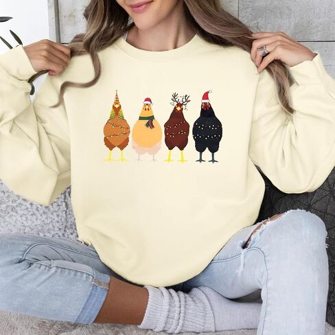 LOTUCY Christmas Sweatshirt Women: Cute Chicken Xmas Shirt Funny Chicks Christmas Sweatshirts Hen Farm Animal Pullover Tops in Saudi Arabia