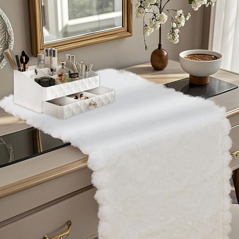 Baccessor Winter White Fur Table Runner Christmas Snow Faux Fur Dressing Table Runners Dresser Cover Coffee Table Center Decoration for Kitchen Home Dinning Party Holiday Indoor Outdoor 13x72 Inch in Saudi Arabia