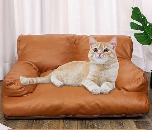 Pet Sofa Bed, Vintage Cat Puppy Faux Leather Couch with Non-Slip Bottom for Cats or Small Medium Dog Chair (Coffee color, Large) in Saudi Arabia
