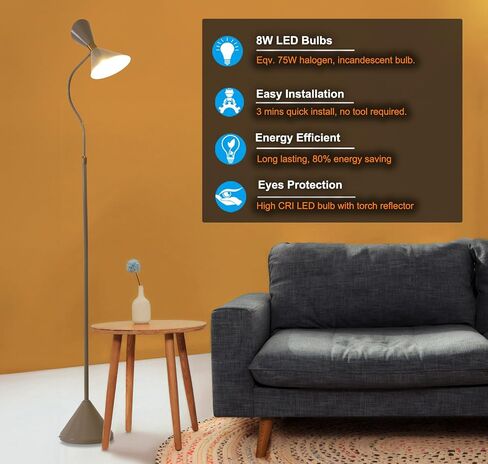 Industrial Floor Lamp with Metal Lampshade & 3000K Warm Light LED Bulb, Gold Floor Lamps with 350° Adjustable, Minimalist Corner Standing Lamps for Living Room, Bedroom, Office in Saudi Arabia