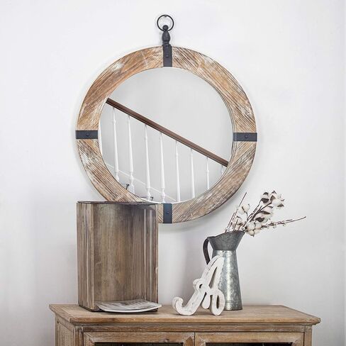 Head West Rustic Wood with Antique Metal Banded Framed Round Oval Porthole Wall Mirror - 24" x 29" in Kuwait