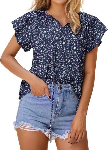 V Neck Tops for Women Dressy Loose Floral Print Blouse Lightweight Summer Casual Trendy Shirts Red M in Saudi Arabia