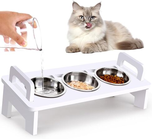 Elevated Cat Food Bowl, 3 Stainless Steel Raised Cat Bowls with Stand, 15°Tilted Cat Bowl for Indoor Cats Elevated, Cat Food and Water Bowl Set, Anti Vomitting, Whisker Fatigue and Dishwasher Safe in Saudi Arabia