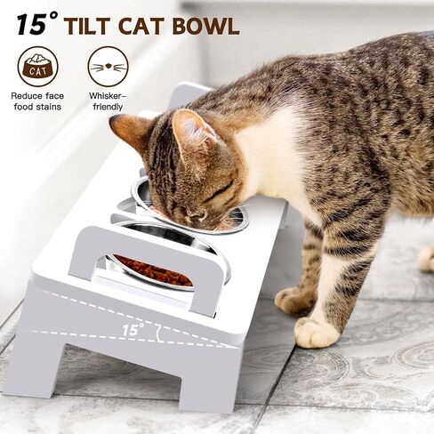 Elevated Cat Food Bowl, 3 Stainless Steel Raised Cat Bowls with Stand, 15°Tilted Cat Bowl for Indoor Cats Elevated, Cat Food and Water Bowl Set, Anti Vomitting, Whisker Fatigue and Dishwasher Safe in Saudi Arabia