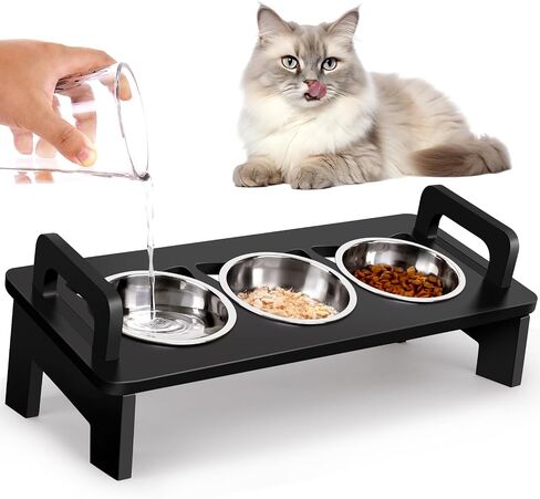 Elevated Cat Food Bowl, 3 Stainless Steel Raised Cat Bowls with Stand, 15°Tilted Cat Bowl for Indoor Cats Elevated, Cat Food and Water Bowl Set, Anti Vomitting, Whisker Fatigue and Dishwasher Safe in Saudi Arabia